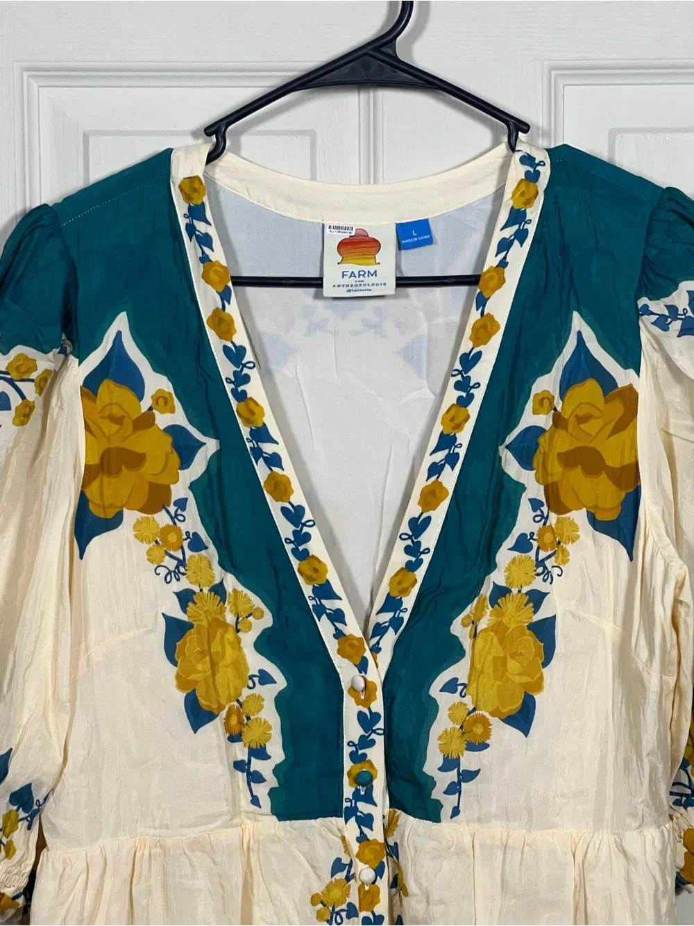 FARM Rio for Anthropologie Floral Puff Sleeve Button Front Midi Dress Large - Picture 3 of 7